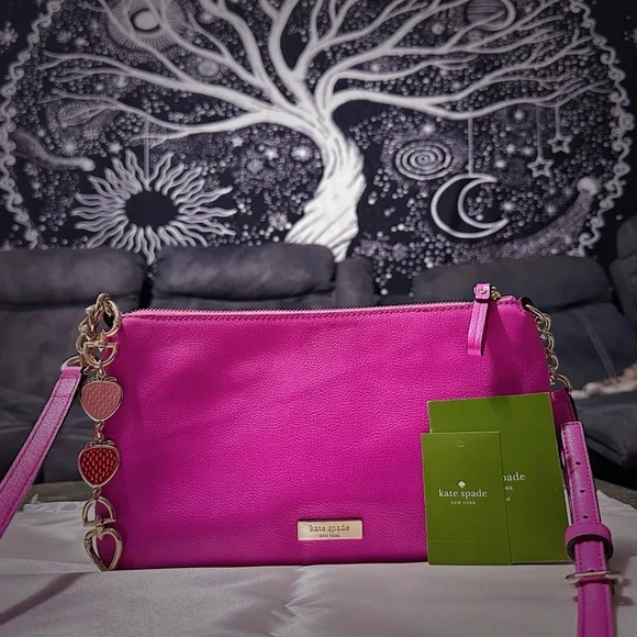 Y2K Kate Spade pink soft leather Fuchsia Crossbody Bag with strawberry keychain - Picture 12 of 17